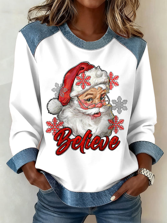 Women's Christmas Believe Santa Claus Print Casual Denim Patchwork Top