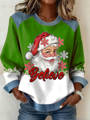 Women's Christmas Believe Santa Claus Print Casual Denim Patchwork Top