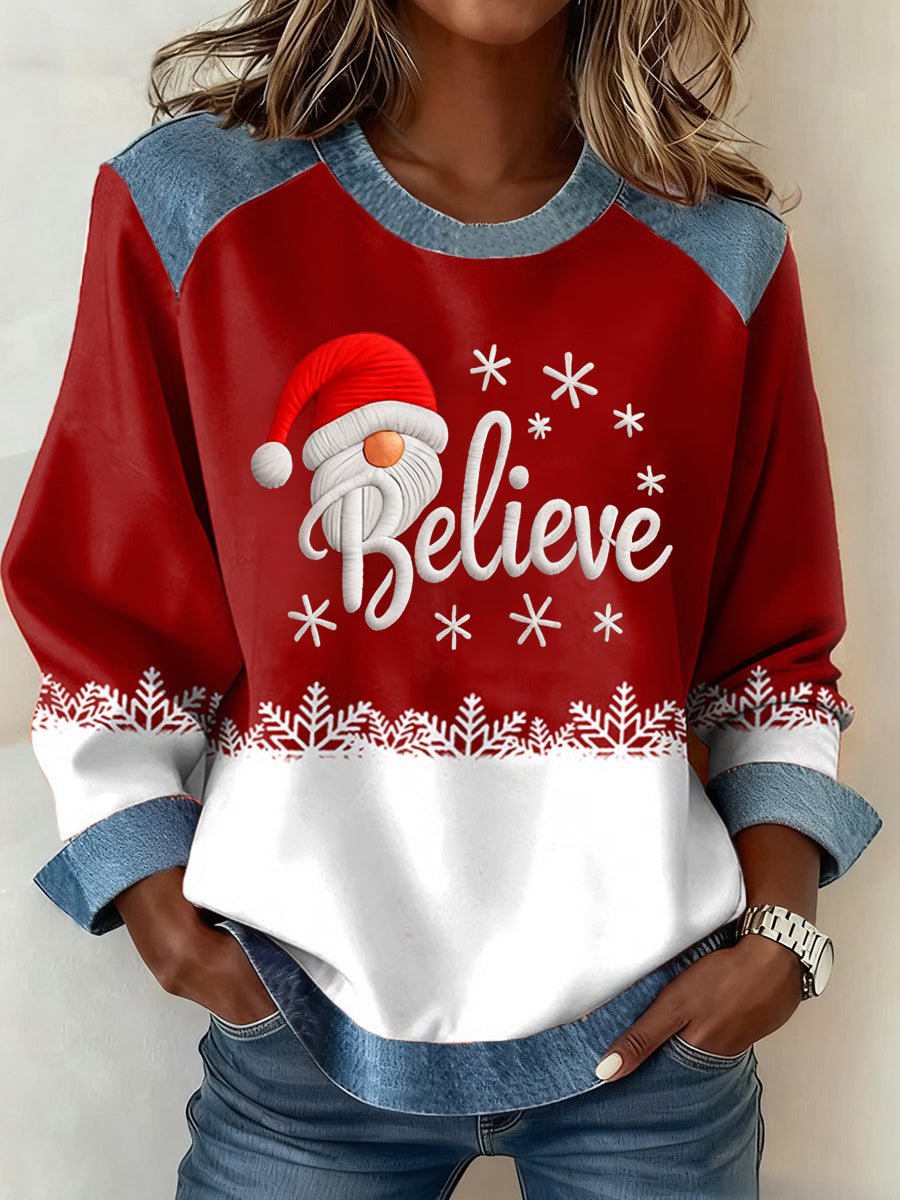 Women's Believe Christmas Print Denim Patchwork Top