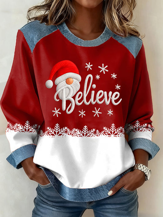 Women's Believe Christmas Print Denim Patchwork Top
