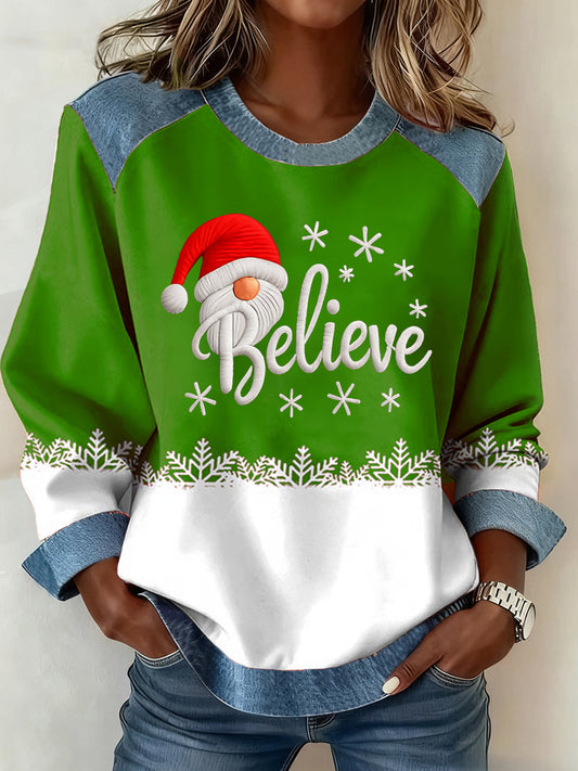 Women's Believe Christmas Print Denim Patchwork Top