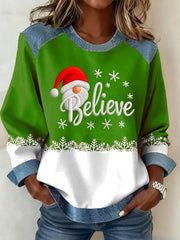 Women's Believe Christmas Print Denim Patchwork Top