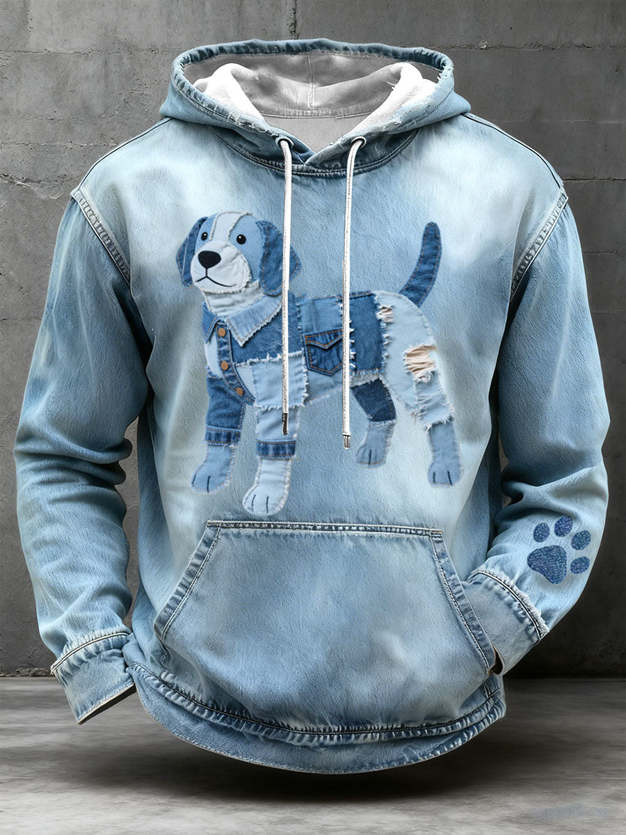 Men's Denim Patchwork Art Beagle Dog Pattern Hoodie