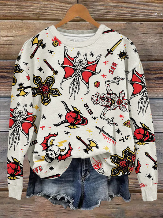 Women's Stranger Upside Down Hawkins 80s Horror Art Printed Sweatshirt