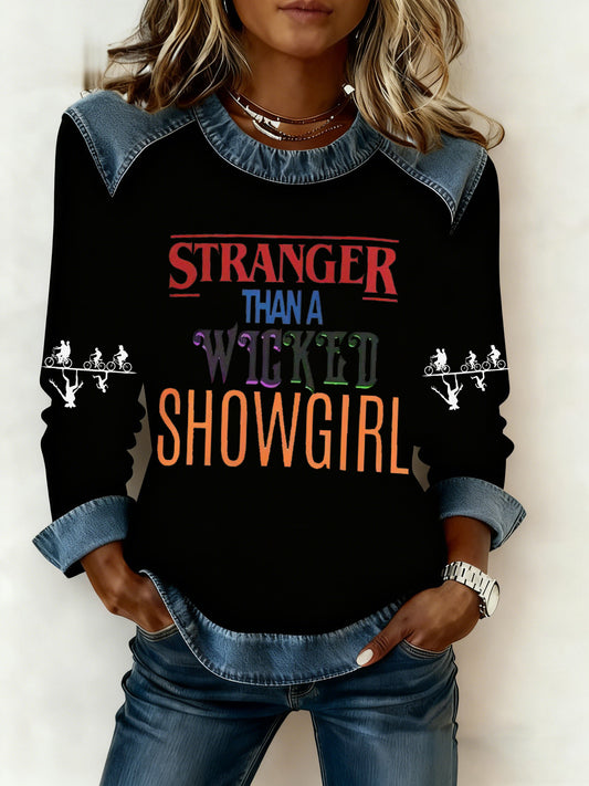 Women's Stranger Than A Wicked Showgirl Denim Patchwork Sweatshirt