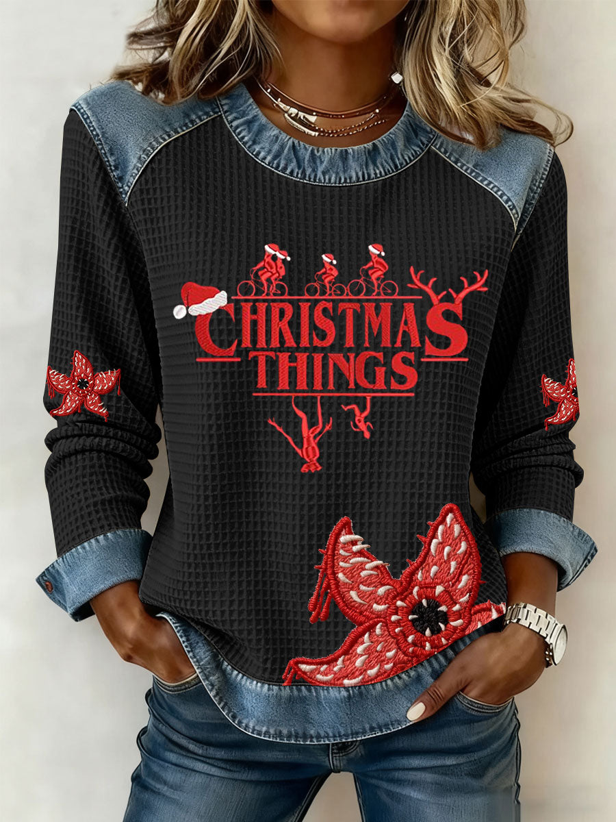 Women's Christmas Things Denim Patchwork Top