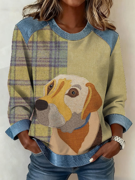 Women's Retro Dog Print Dog Mom Dog Lovers Gift Denim Patchwork Top