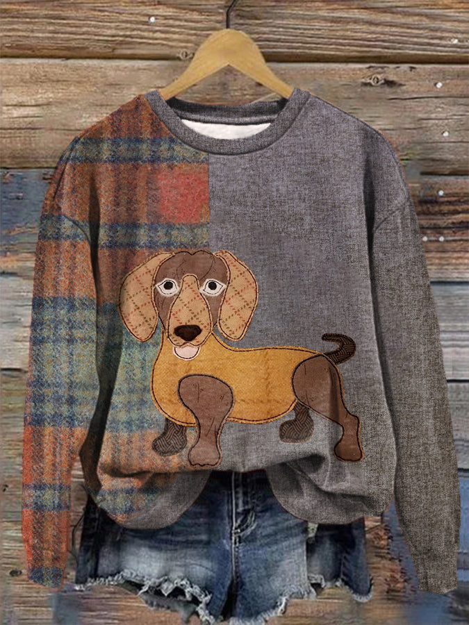 Women's Retro Plaid Dachshund Print Dog Mom Dog Lovers Gift Sweatshirt