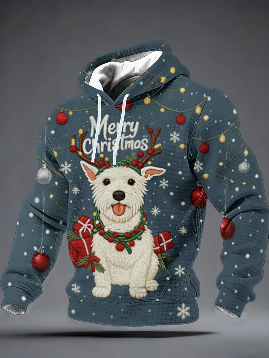 Men's Christmas Cute Dog Denim Patchwork Checkered Cotton Hoodie
