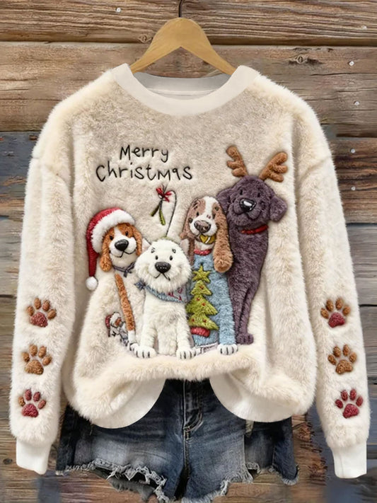 Women's Christmas Cute And Funny Dog Pattern Flannel Hoodie