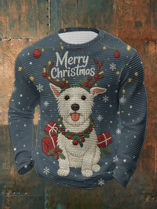 Men's Christmas Cute Dog Denim Patchwork Waffle Long Sleeve T-Shirt