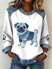 Women's Lovely Pug Dog Pattern Denim Patchwork Art Sweatshirt