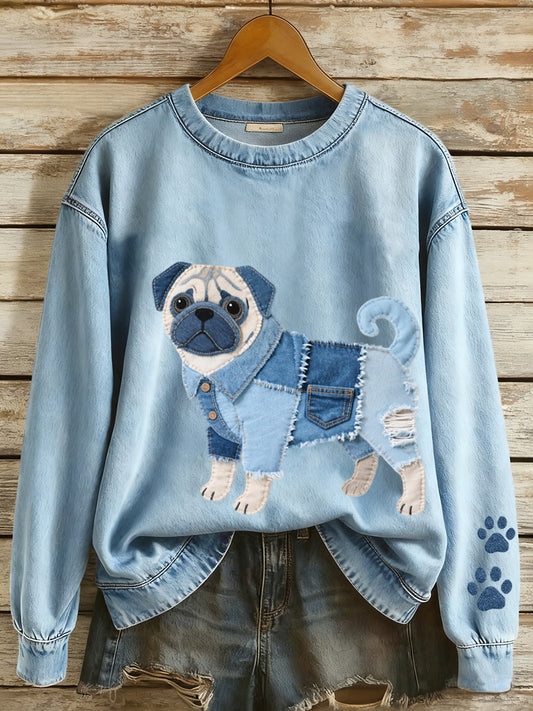 Women's Denim Patchwork Art Pug Dog Pattern Sweatshirt