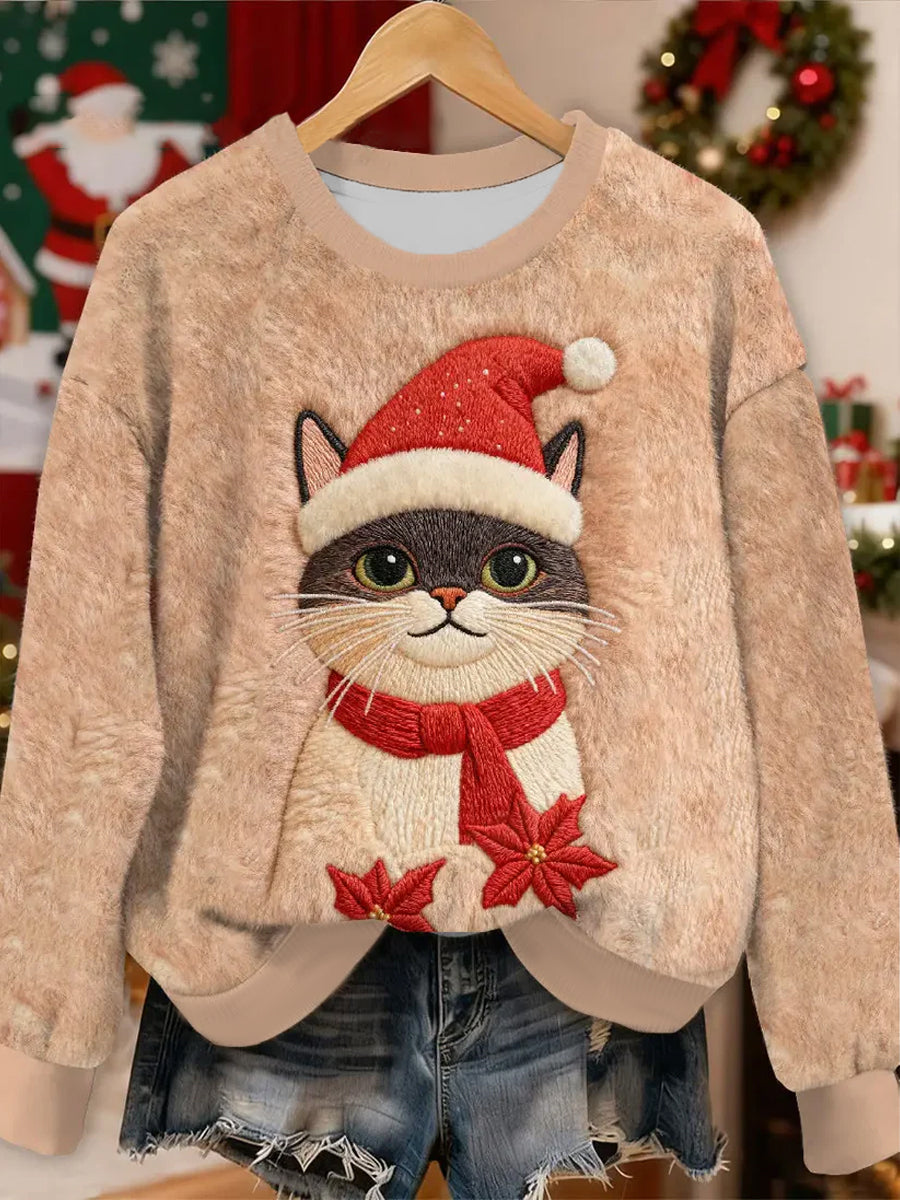 Women's Cute Christmas Cat Art Flannel Hoodie