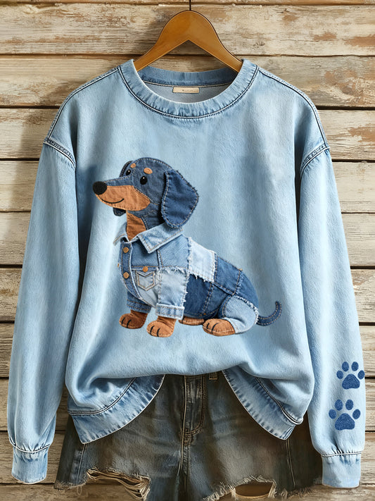 Women's Denim Patchwork Art Dachshund Dog Pattern Sweatshirt
