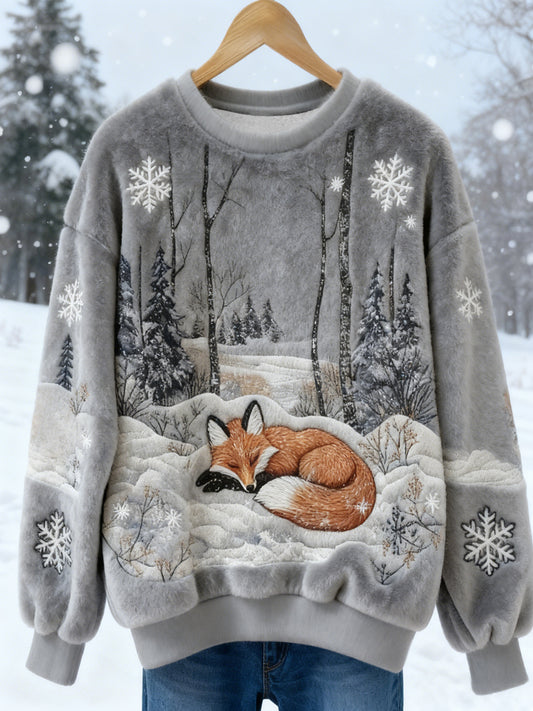 Women's Winter Fox Print Casual Flannel Sweatshirt