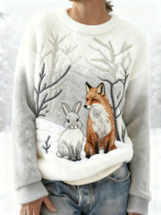 Women's Best Partner Fox And Bunny Print Casual Flannel Sweatshirt