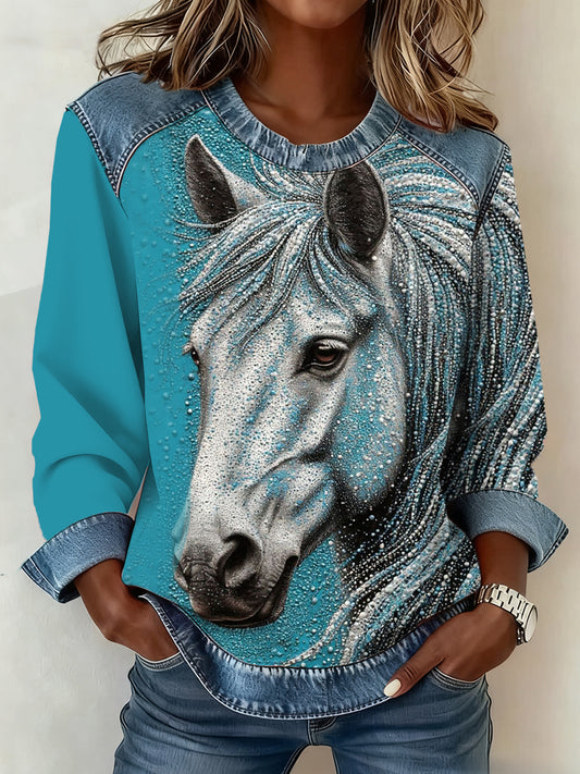 Women's Horse Print Denim Patchwork Top