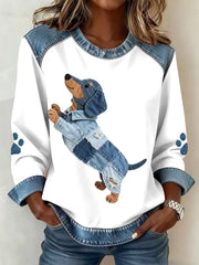 Women's Lovely Dachshund Dog Pattern Denim Patchwork Sweatshirt