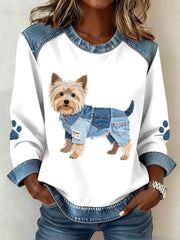 Women's Lovely Yorkshire Terrier Dog Pattern Denim Patchwork Sweatshirt