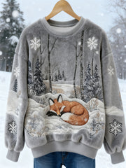 Women's Winter Fox Print Casual Flannel Sweatshirt