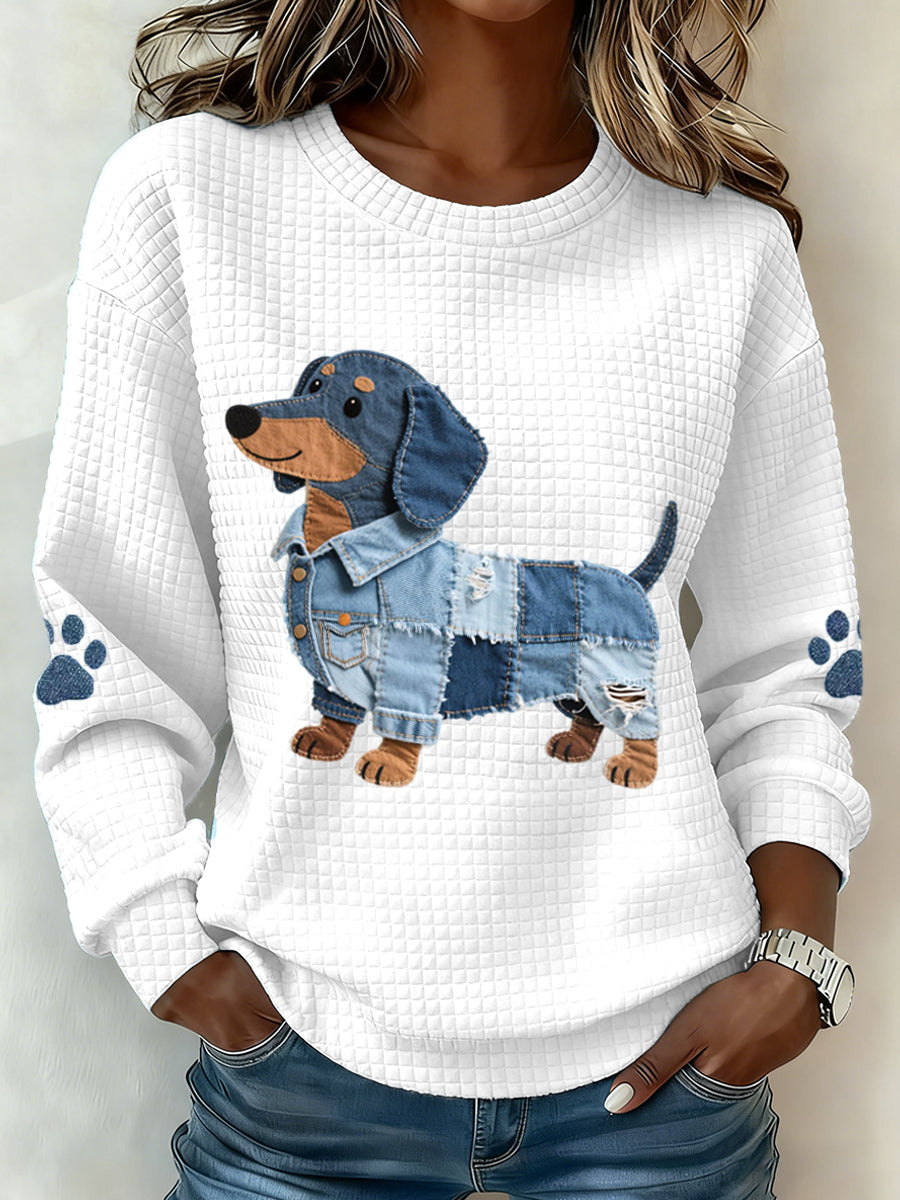Women's Denim Patchwork Dachshund Dog Pattern Waffle Sweatshirt