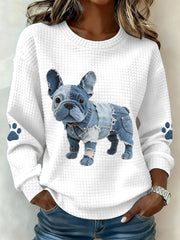 Women's Denim Patchwork French Bulldog Pattern Waffle Sweatshirt