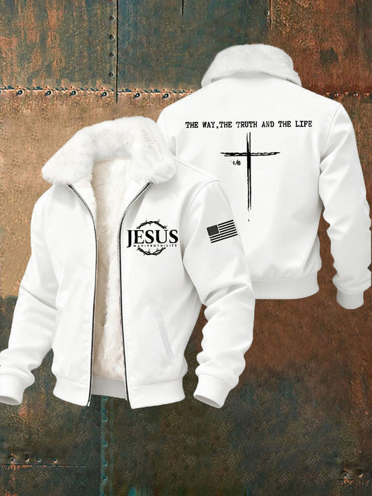 Men's Jesus The Way The Truth The Life Cross Fur Collar Zip-Up Jacket