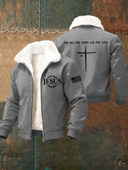 Men's Jesus The Way The Truth The Life Cross Fur Collar Zip-Up Jacket