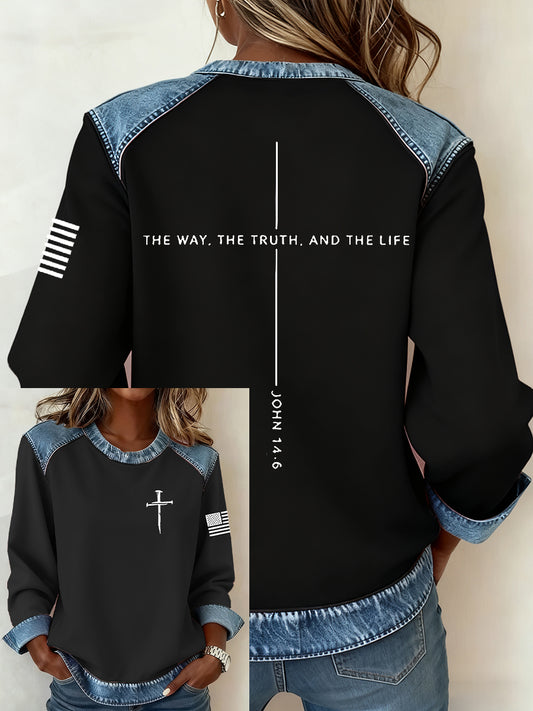 Women's Jesus The Way The Truth The Life John 14:6 Christian Cross Denim Patchwork Top