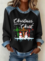 Women's Christmas begins with Christ Denim Patchwork Top