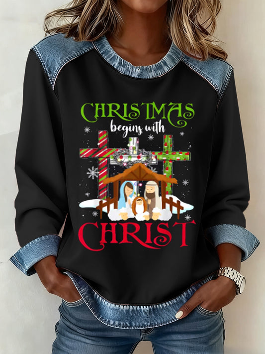 Women's CHRISTMAS begins with CHRIST Denim Patchwork Top
