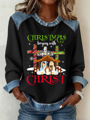 Women's CHRISTMAS begins with CHRIST Denim Patchwork Top