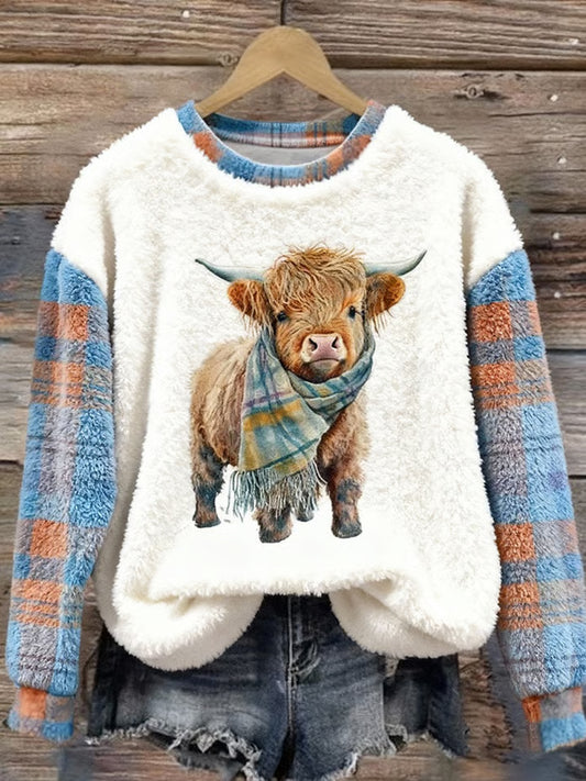 Women's Cute Highland Cow Plaid Print Casual Flannel Sweatshirt