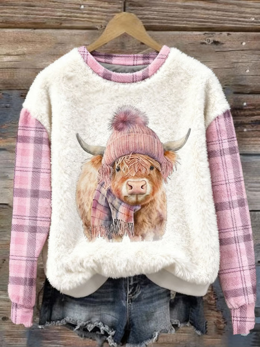 Women's Cute Highland Cow Plaid Print Casual Flannel Sweatshirt