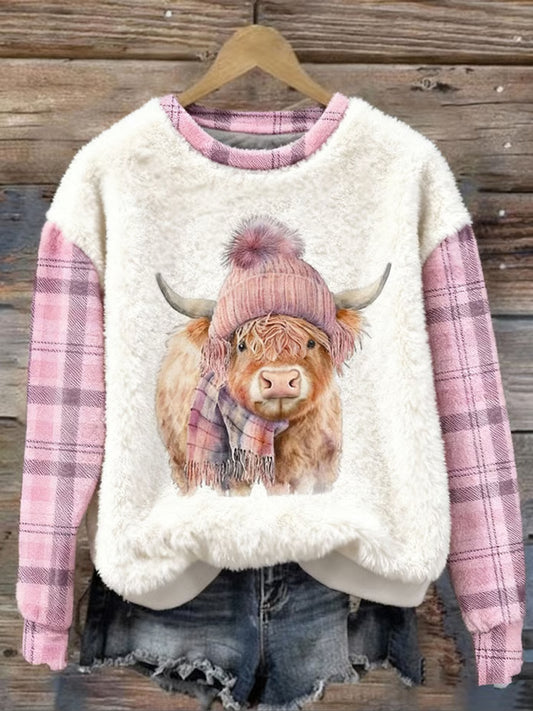 Women's Cute Highland Cow Plaid Print Casual Flannel Sweatshirt
