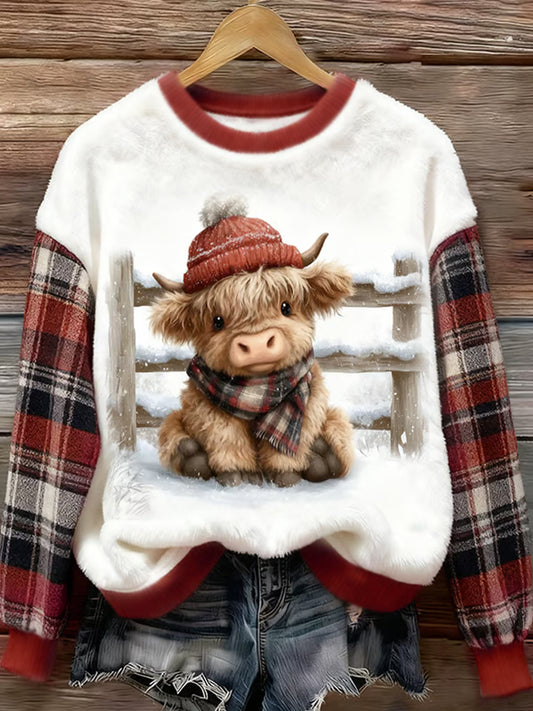 Women's Cute Highland Cow Plaid Print Casual Flannel Sweatshirt