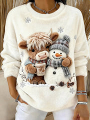 Women's Cute Highland Cow And Snowman Print Casual Flannel Sweatshirt