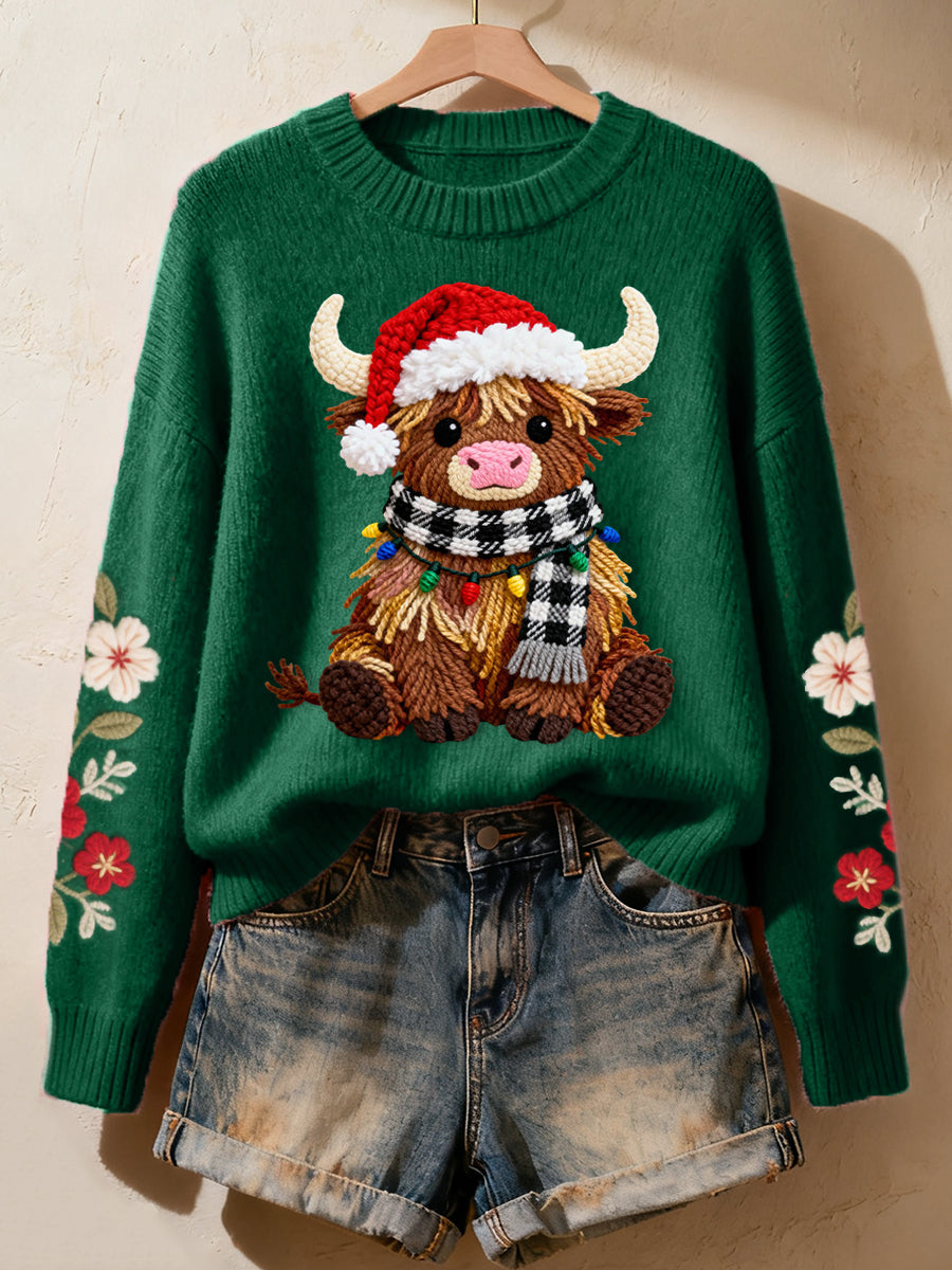 Women's Faux Yarn Christmas Highland Cow Pattern Cozy Knit Sweater