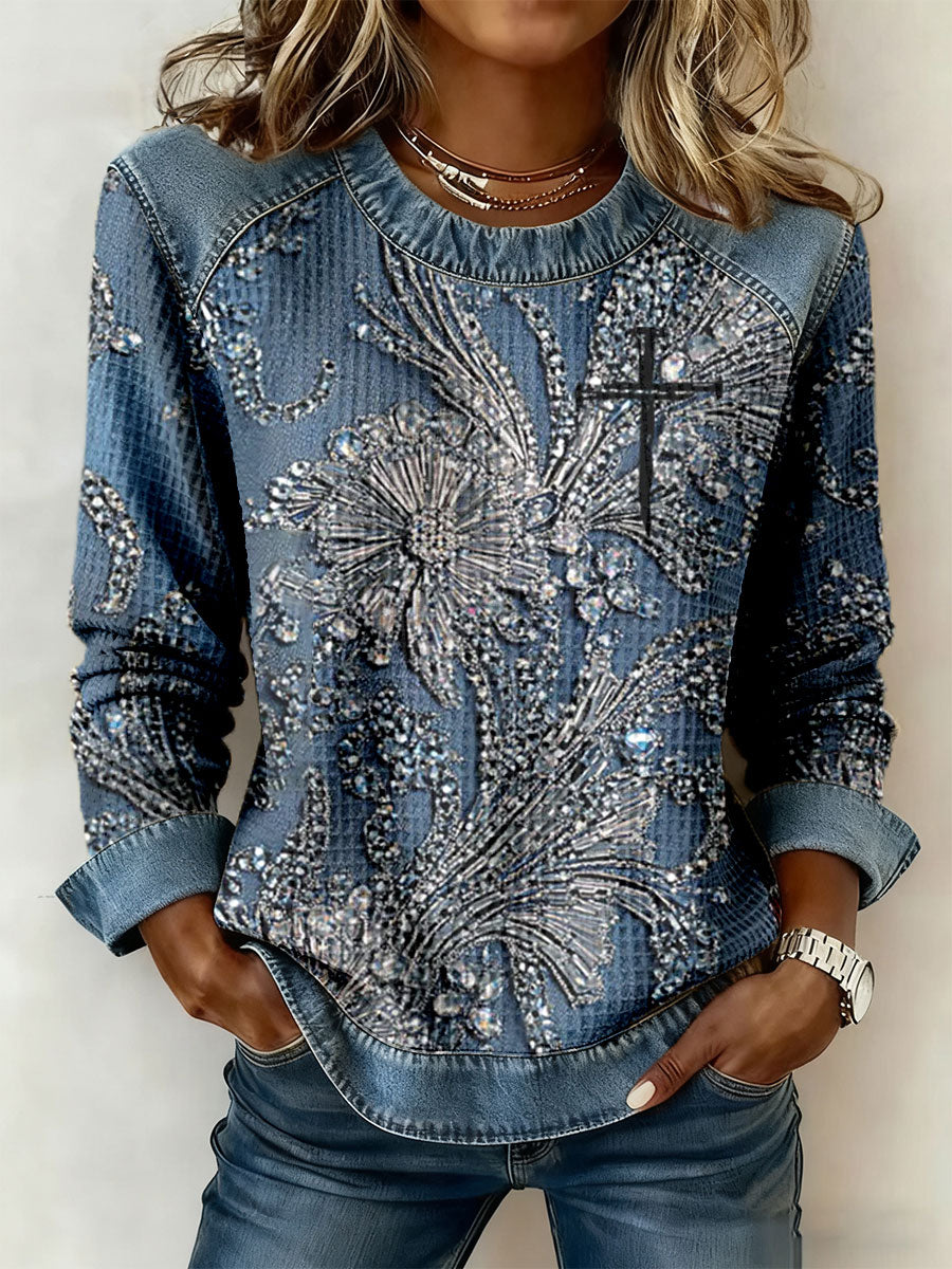 Women's Floral Cross Print Casual T-shirt