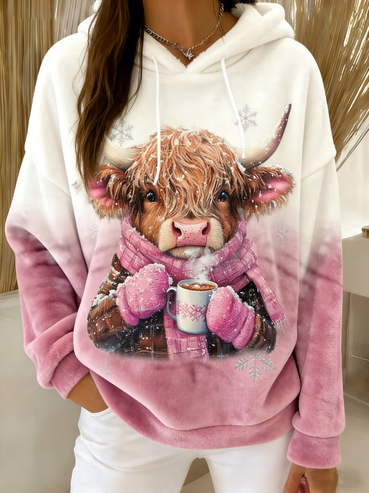 Women's Winter Cute Highland Cow  Flannel Hoodie