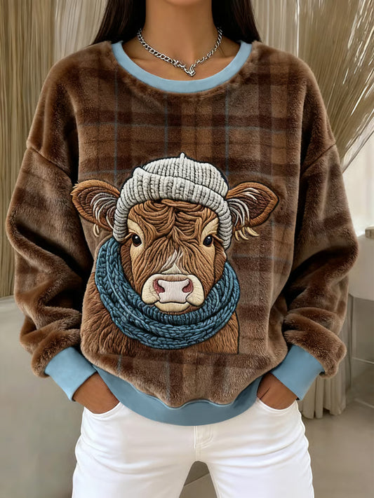 Women's Winter Cute Highland Cow Flannel Hoodie