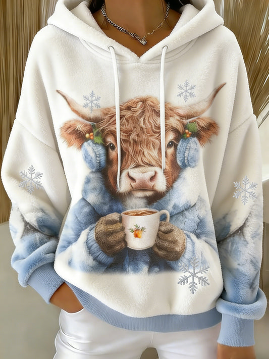Women's Winter Cute Highland Cow  Flannel Hoodie